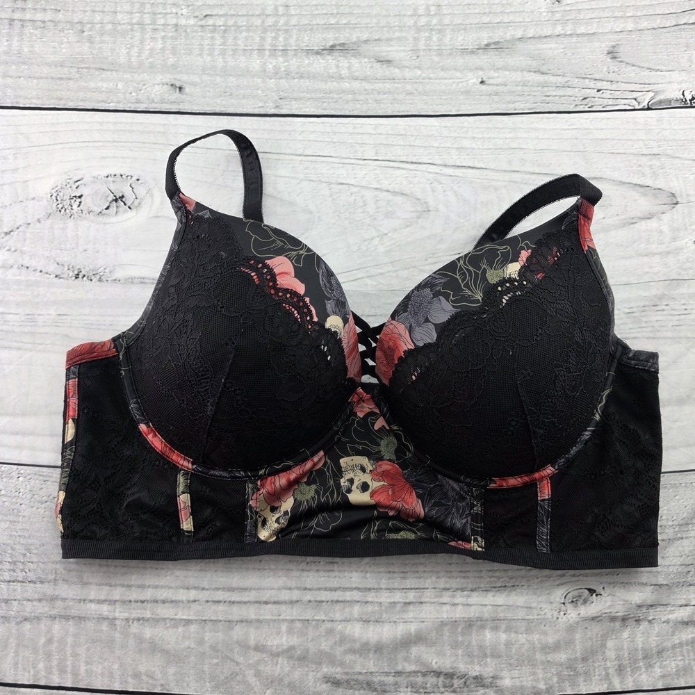 Torrid Curve Plunge Pushup Bra Black Lace Satin Skulls Flowers Underwire 42 DDD